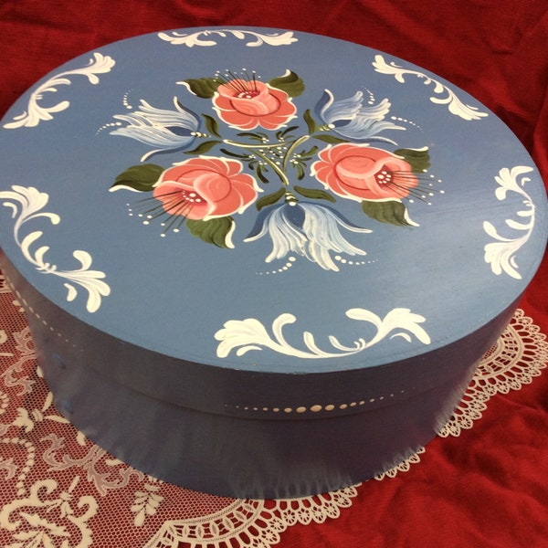 Round Wooden Hand Painted Storage Box Navy Roses app. 12 3/4", Cheese Box, Decorative Box, Cottage Chic, Boho Style