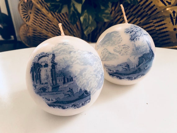 BLUE WHITE Round Candle, Italian Blue Chinoiserie Il_570xn