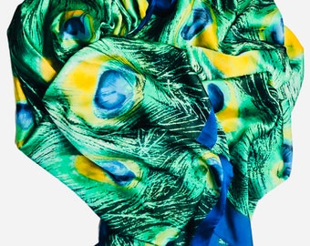 VINTAGE SILK SCARF, Peacock Blue Green, Silk Wrap, Big Large Scarf