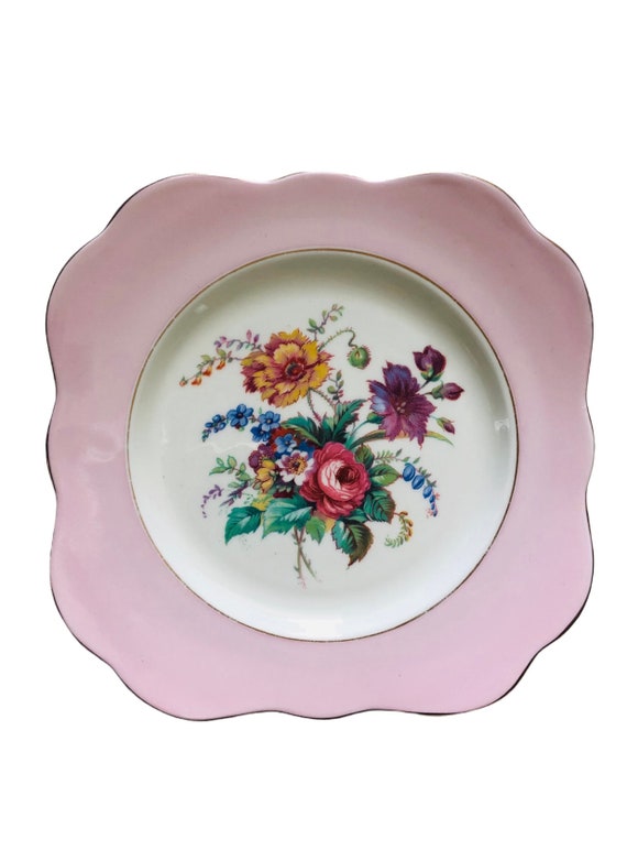 VINTAGE PINK Square PLATE, Rose Bouquet, Bone China, Colclough England, Shabby Chic, Collectible Plate