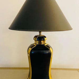Brass Leather Hollywood Regency Vintage Table Lamp Black Gold Art Deco