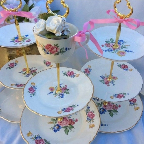 SHABBY 3 Tier Cake Stand, Tiered Serving Tray, Tea Party, Romantic Wedding Centerpiece, Cupcake Tower, Rose Porcelain Il_570xn
