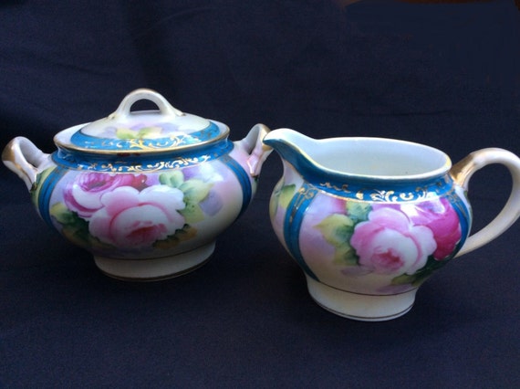 Noritake China, Cabbage Rose, Shabby, Cottage Chic, Sugar Bowl Creamer Set, Blue Pink Gold ,Vintage Antique Il_570xn