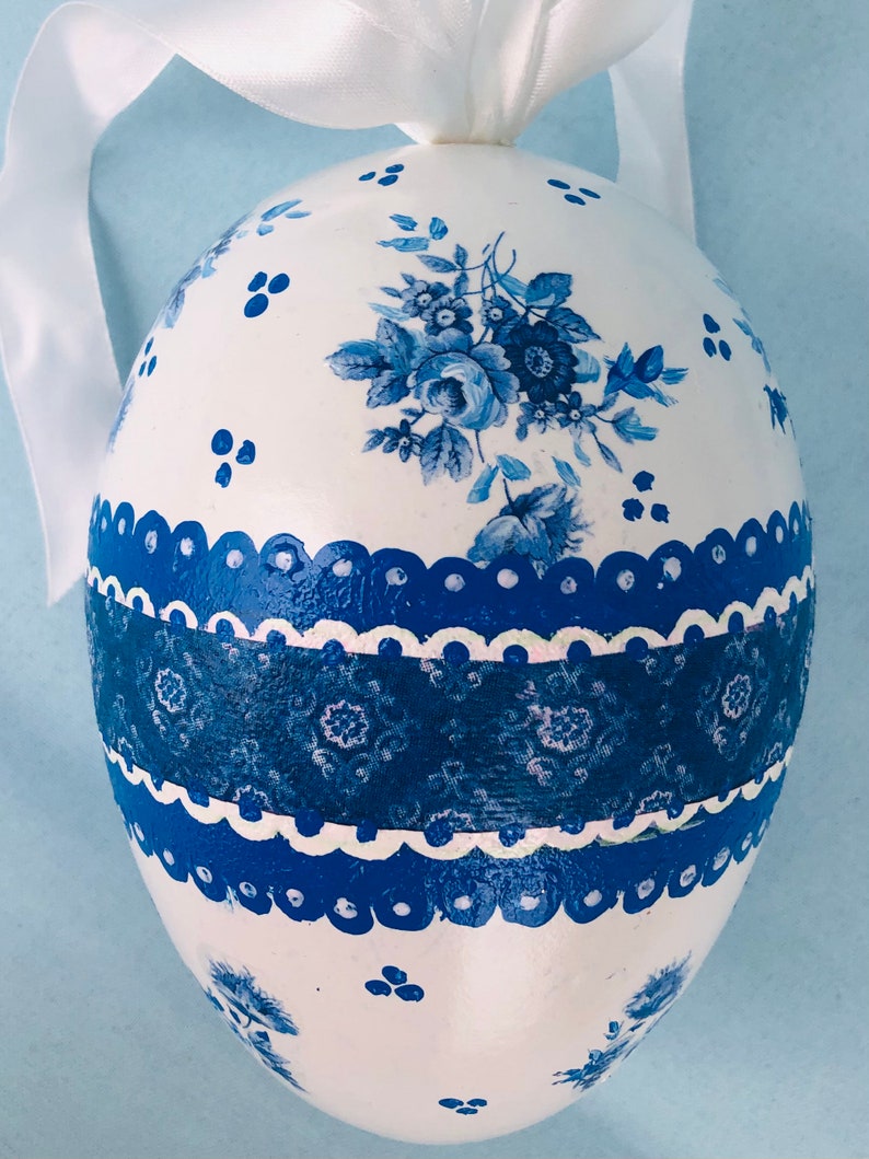 BLUE WHITE Egg, Easter Decor, Jumbo Big,Gift , Chinoiserie Chic, Rose Floral image 4