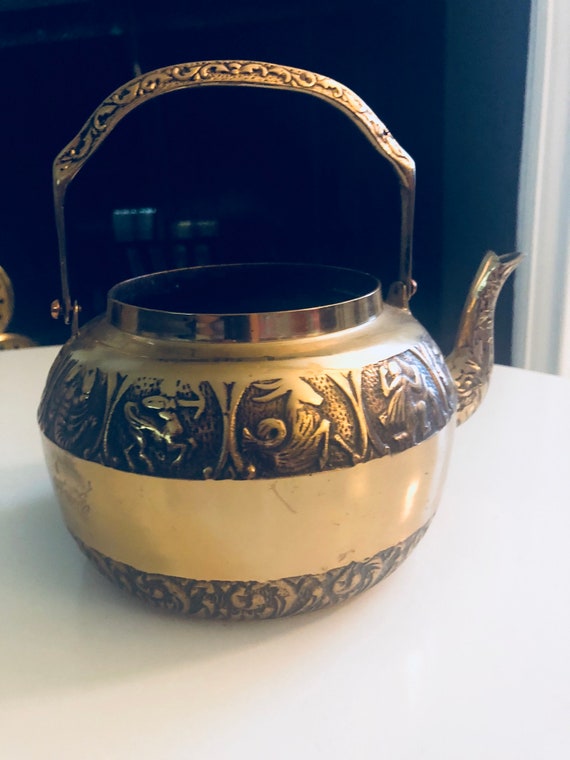 VINTAGE BRASS TEAPOT Horoscope Golden Collectible Il_570xn