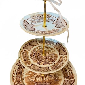 CAKE STAND, Brown Transfer ware, Historical Scene, Bridal Party, Birthday Gift, Colonial America