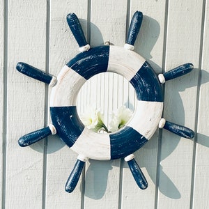 BLUE And WHITE, Vintage Ship Wheel, Wall MIRROR, Marine Nautical, Beach House, Summer House, Coastal Living, Wooden Frame