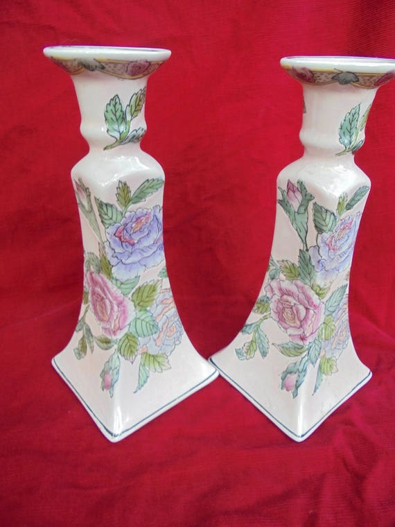 TOYO CANDLE HOLDER, Set of 2, Chinoiserie Decor,Pink Floral, Asian Style, Vintage Decor Il_570xn