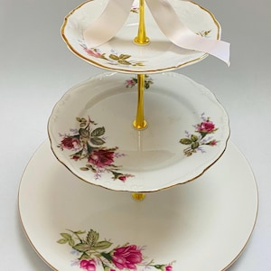 3 Tier Moss Rose Cake Stand, Vintage China Dessert Stand, Bridal Shower Tea Party Decor, Shabby Chic Tiered Tray, Birthday Gift Idea