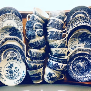 Blue White Teacups and Saucers | Mix Match Vintage China | Mismatched Blue Willow Style Cups | English Asian Decor