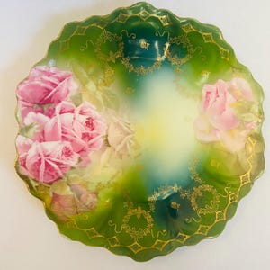 Antique Hand Painted Austrian Porcelain Plate — Pink Roses, Gold Gilt, 9 Inch Decorative Wall Plate