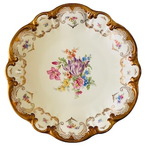 Vintage Bavaria Pedestal Cake Stand • Footed Compote • Floral Gold Dish 12.5"
