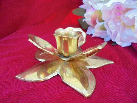 VINTAGE BRASS CANDLEHOLDER Candle Candlestick Holder Floral golden Tone Home Decor Il_570xn