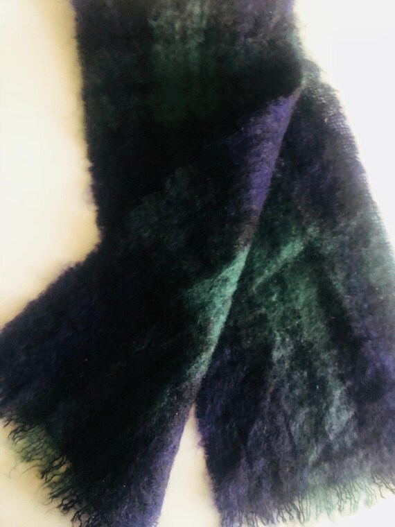 MOHAIR WOOL SCARF, All Mohair Pail, Scottish Tartan, Blue Green, 2 Tone, Plaid Fringed Edge Il_570xn