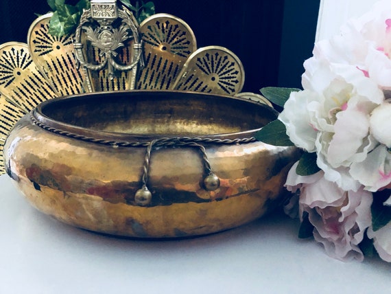 VINTAGE BRASS PLANTER, Jumbo SIze, Hammered Brass, Golden Holiday Decor Il_570xn