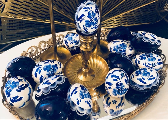 EASTER EGGS, Cobalt Blue White, Chinoiserie Decor, Easter Decor, Gift Idea, Chinoiserie Decor, Wooden Hand Painted Il_570xn