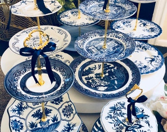 Blue & White 3 Tier Cake Stand | Centerpiece for Wedding | Birthday, Bridal Shower Gift