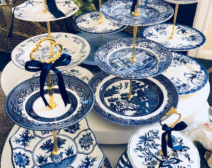 Blue & White 3 Tier Cake Stand | Centerpiece for Wedding | Birthday, Bridal Shower Gift