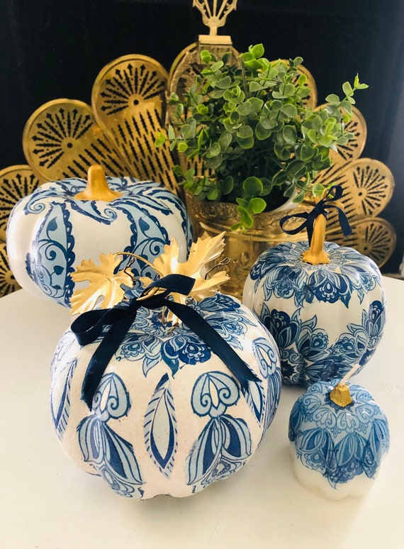 ART DECO PUMPKIN, Blue White, Thanksgiving Decor, Chinoiserie Chic Il_570xn