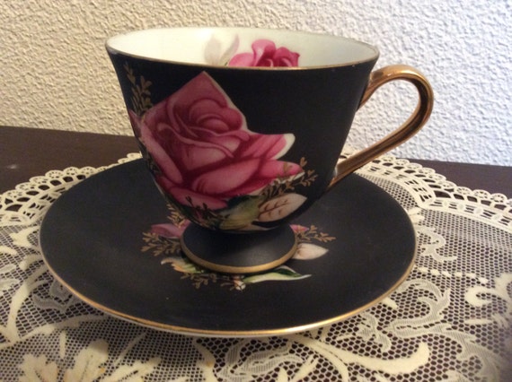 Norcrest Bone Fine China, Cup and Saucer, Black Gold China, Pink Rose, Japan China, Foted Cup Saucer Il_570xn