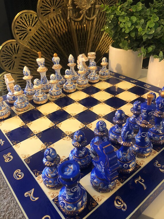 BLUE WHITE, CHESS Set, Chinoiserie Chic, Board Game, Gift Idea, Wood Hand Painted, Cobalt Gold, 4” King, Birthday Holiday Gift Il_570xn
