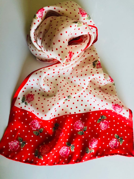 SILK SCARF, VINTAGE Long, Red White, Rose Floral, Polka Dot Il_570xn