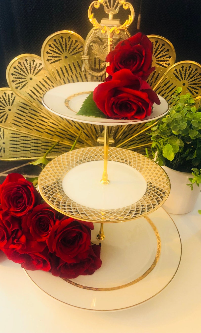 WEDDING CAKE STAND White Gold 3 Tier Mixmatched Plates Etsy