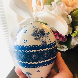 BLUE WHITE Egg, Easter Decor, Jumbo Big,Gift , Chinoiserie Chic, Rose Floral image 8