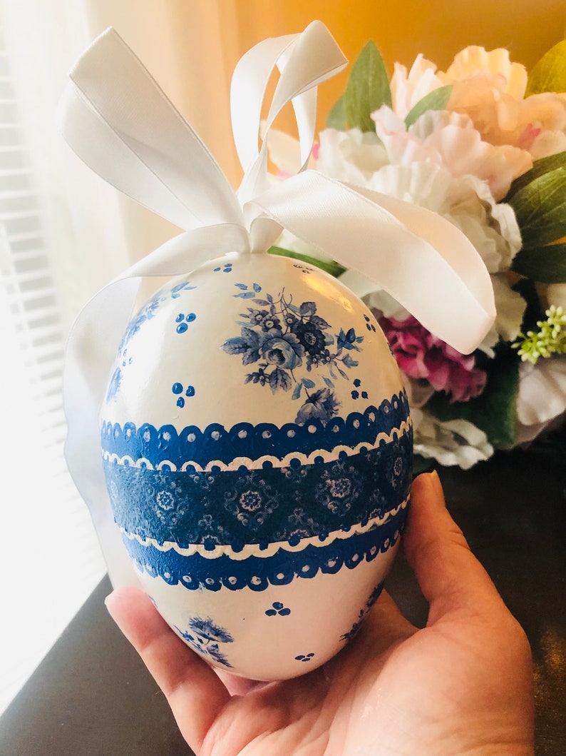 BLUE WHITE Egg, Easter Decor, Jumbo Big,Gift , Chinoiserie Chic, Rose Floral image 8