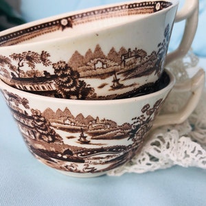 STAFFORDSHIRE TONQUIN CUPS, Set of 2, Brown Transferware, Read Pls