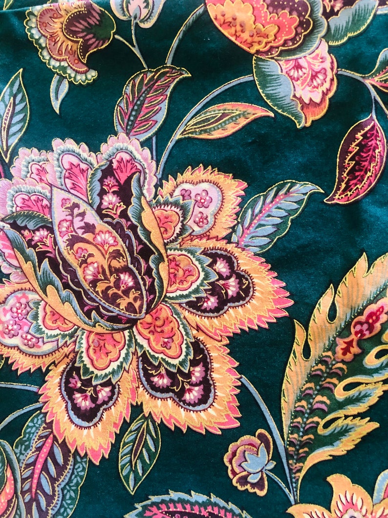 GREEN PURPLE GOLD Fabric, Exotic Flowers, Western Textile, 1 yard image 1