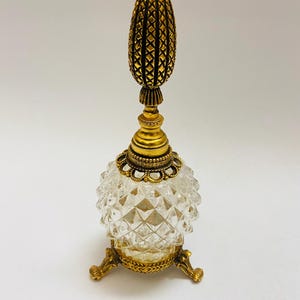 Vintage Crystal Perfume Bottle: Ornate Gold Filigree, Diamond Cut Stopper