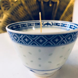 BLUE WHITE CANDLE, Rice Cup Bowl,  Chinoiserie Decor, Tea Light, Holiday Gifts, Hostess Gift