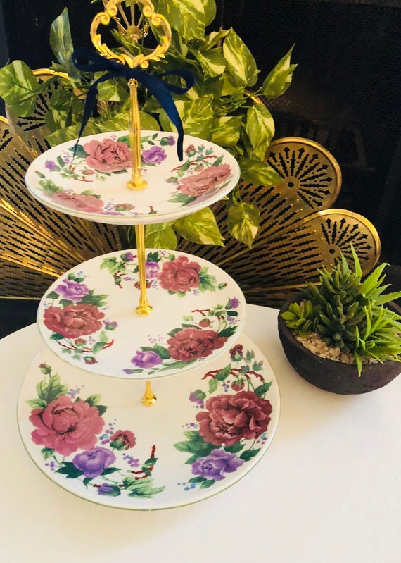 WEDDING CAKE STAND 3 Tier Serving Tray Cottage Chic Baroque Rose Bridal Party Gift Il_570xn
