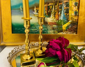 Vintage Brass Candleholders | Hollywood Regency Pair | Elegant Brass Taper Holders | Midcentury Decor