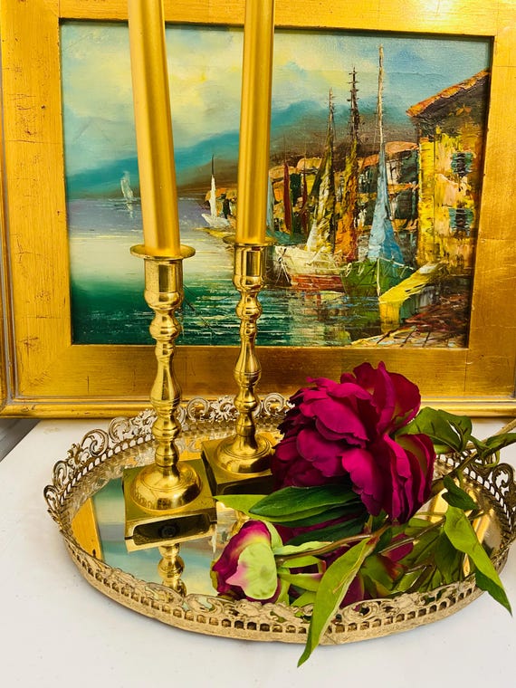 Vintage Brass Candleholders | Hollywood Regency Pair | Elegant Brass Taper Holders | Midcentury Decor