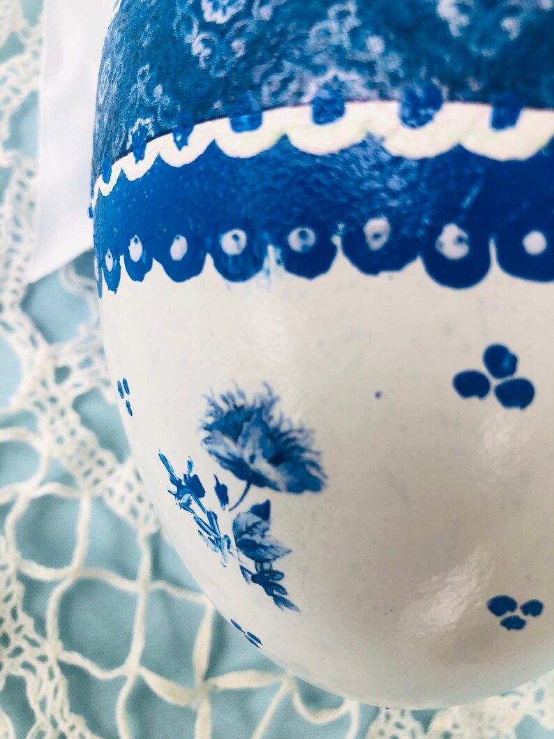 BLUE WHITE Egg, Easter Decor, Jumbo Big,Gift , Chinoiserie Chic, Rose Floral image 6