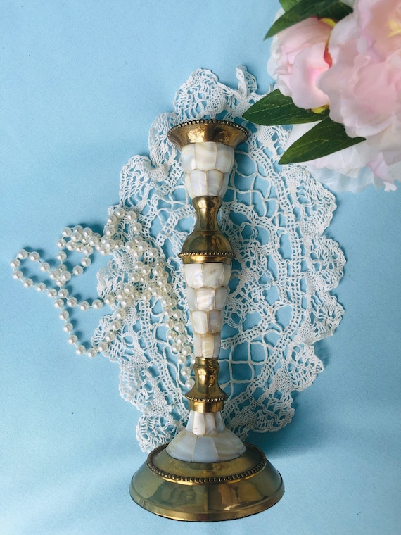 VINTAGE BRASS CANDLEHOLDER, Mother of Pearl, Mantel Holiday Wedding Gold Decor Il_570xn