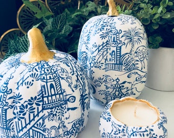 CHINOISERIE PUMPKIN, BLUE White, Home Decor, Fall Seasonal Decoration, Chinoiserie Chic, Pagoda Style, Thanksgiving Decor