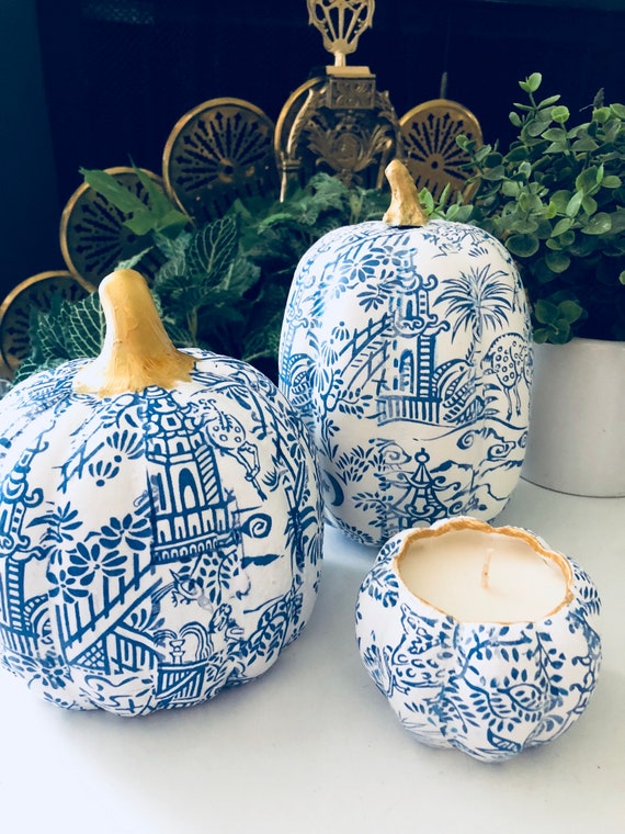 CHINOISERIE PUMPKIN, BLUE White, Home Decor, Fall Seasonal Decoration, Made To Order Il_570xn