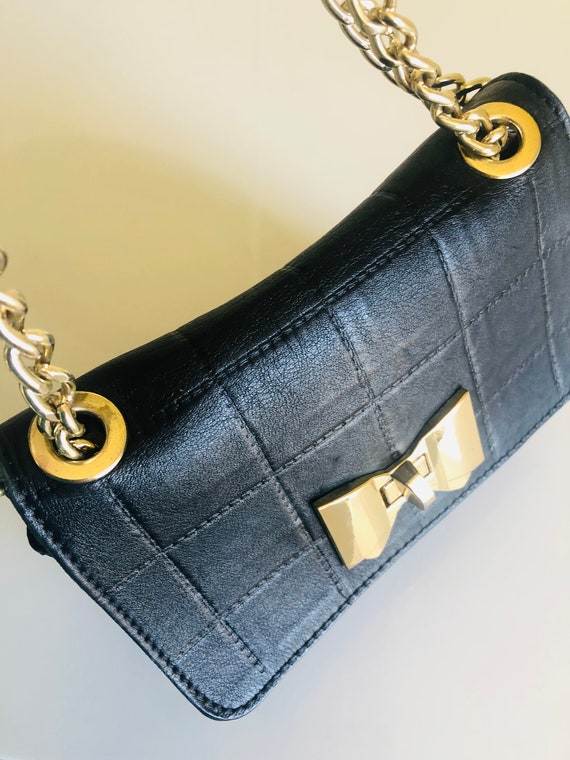 Vintage Small Leather Purse on Chain, Bow Design, Black Gold, Shoulder Handbag, French Fashion