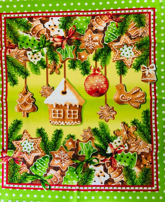 CHRISTMAS GINGERBREAD HOUSE, Cotton Kitchen Dish Tea Towel, Green Red, Rectangular , Linens, Holiday Gift Il_570xn
