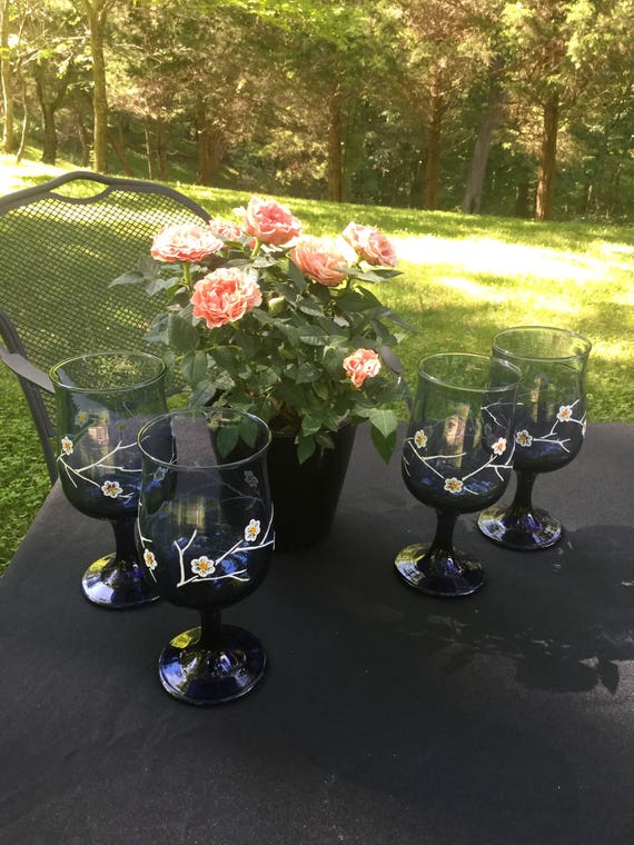 Vintage Indigo Blue Goblets Set Vintage Glassware Hand Painted Blooms Stemware Set of 4 Il_570xn