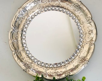 SILVER PLATE framed MIRROR, Sunburst Round, Wall Decor, Ornate Scrolls, Sun, Modern Glam, Hollywood Regency