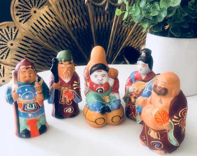KUTANI LUCKY GODS, Chinoiserie Decor, Japanese Moriage Porcelain Figurines, Collectible Vintage
