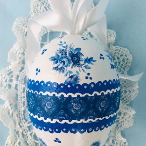 BLUE WHITE Egg, Easter Decor, Jumbo Big,Gift , Chinoiserie Chic, Rose Floral image 1