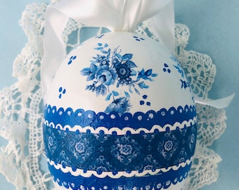 BLUE WHITE Egg, Easter Decor, Jumbo Big,Gift , Chinoiserie Chic, Rose Floral