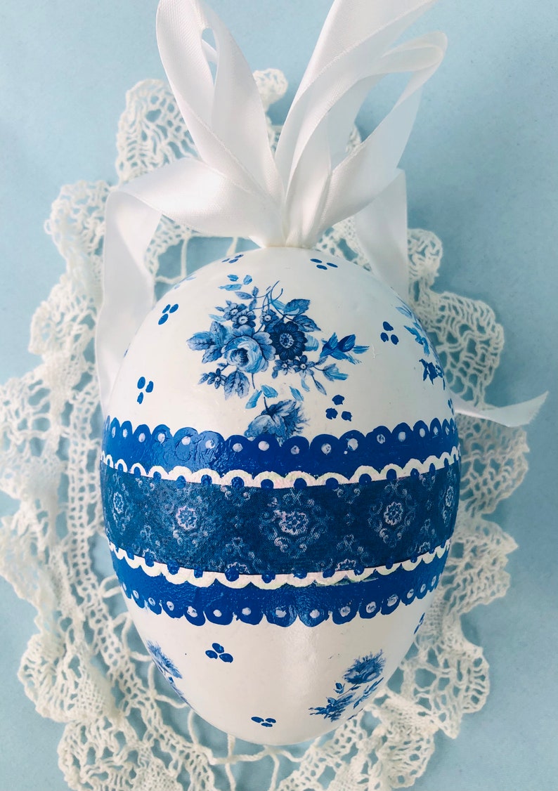 BLUE WHITE Egg, Easter Decor, Jumbo Big,Gift , Chinoiserie Chic, Rose Floral image 1