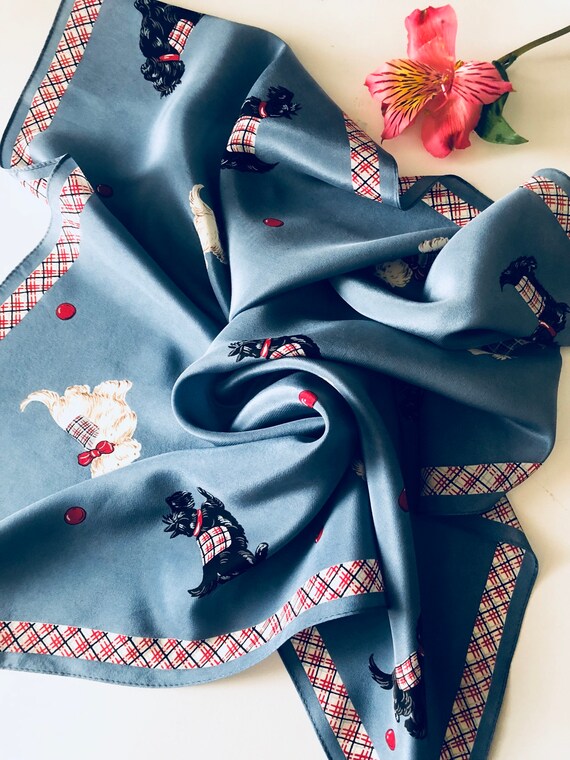 TALBOTS SILK SCARF, Blue Grey,Black Whiite Dogs, Rizen Schnauzer, Dogs Lover, Square 21”, Vintage, Dry Cleaned Il_570xn