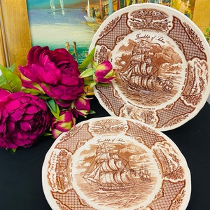 MEAKIN STAFFORDSHIRE PLATES, Fair Winds, Historical Scenes, Dinner Plates, Colonial Decor, Brown Transferware, Set of 2